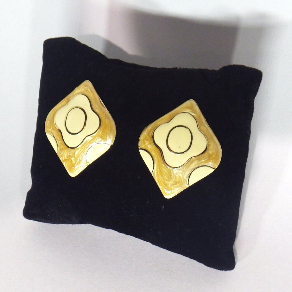 Vintage Yellow Paint Swirl Earrings Abstract Marbled Retro Enamel Pierced 1.5"